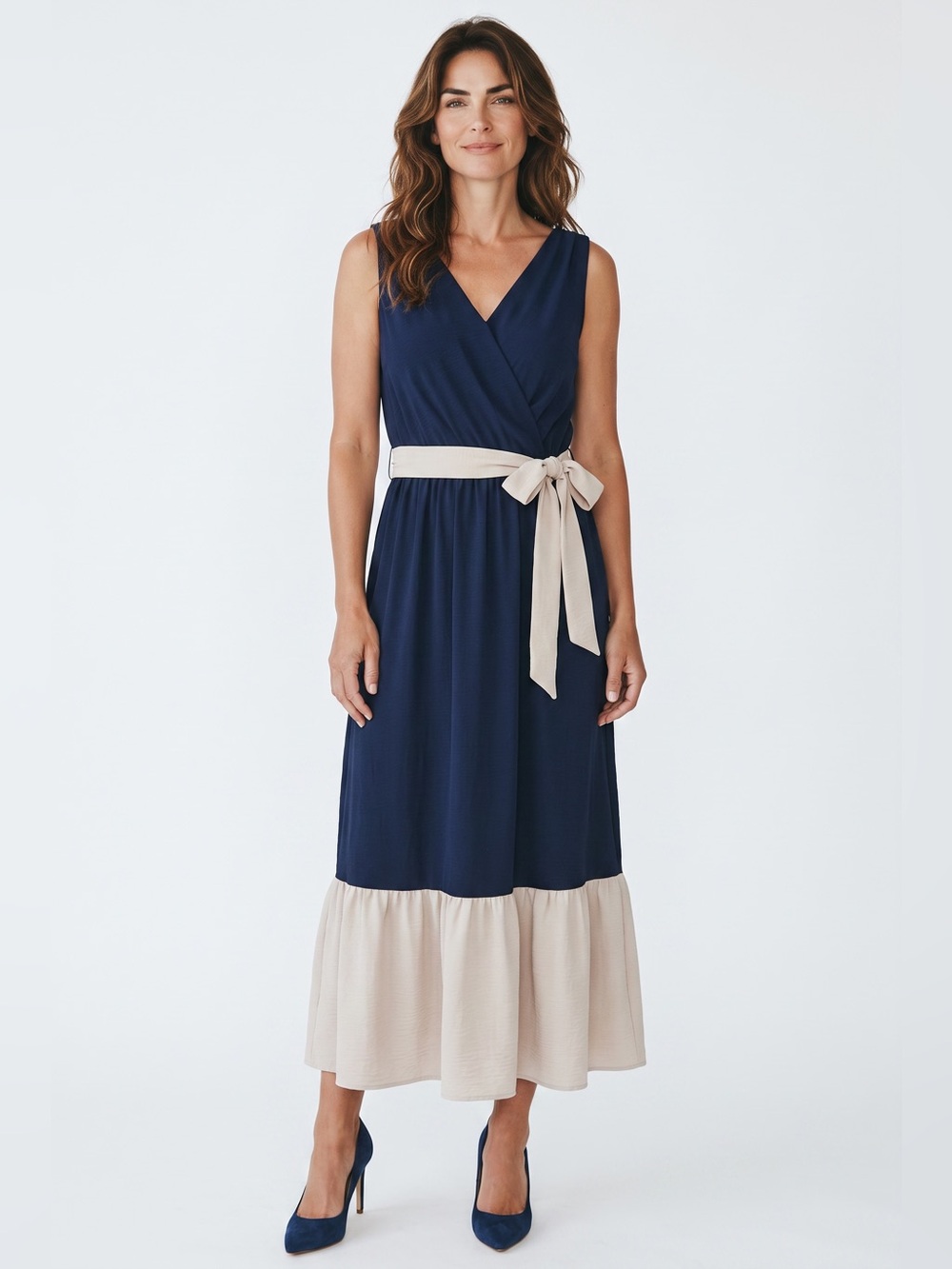 DKNY Navy Cream Colorblock Maxi Dress Size 2 Tie Waist Ruffle Hem
